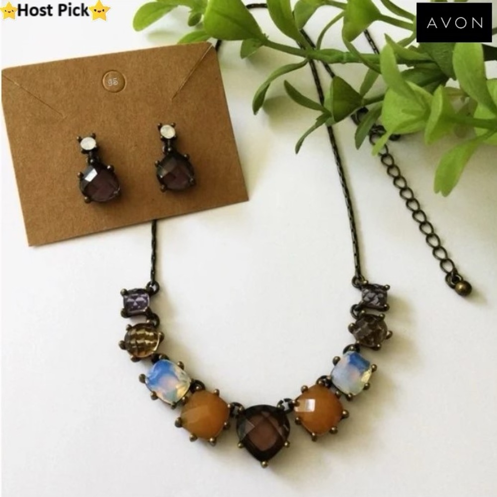 Vtg 80s AVON NR Bronze Rhinestone Necklace & Earrings Set – Smoky Quartz Amber